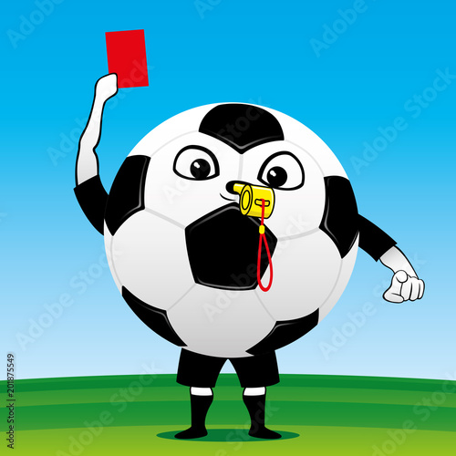 Soccer ball with a card in hand on a soccer field.