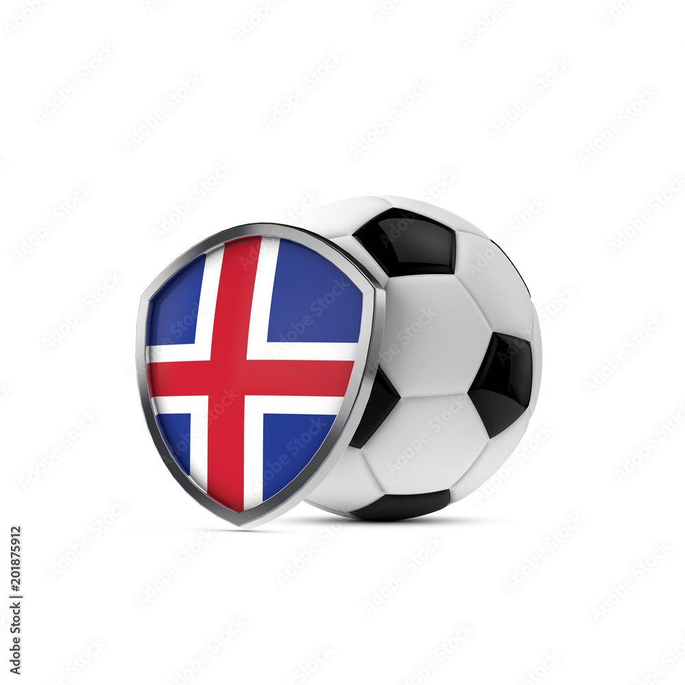 Obraz premium Iceland national flag shield with a soccer ball. 3D Rendering