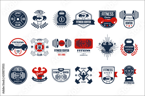 Vector set of original gym logo templates. Emblems with silhouettes of bodybuilders, dumbbells and barbells for fitness center or sport club