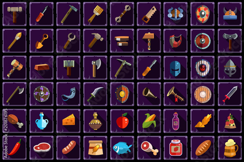 Big flat vector set of items for online mobile game. Tools, equipment, weapon and food with long shadows isolated on purple squares