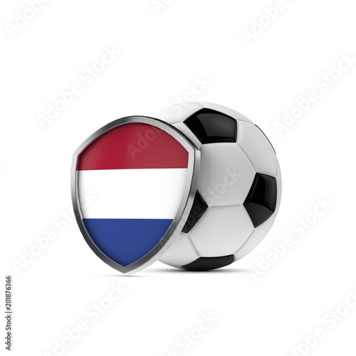 Netherlands national flag shield with a soccer ball. 3D Rendering