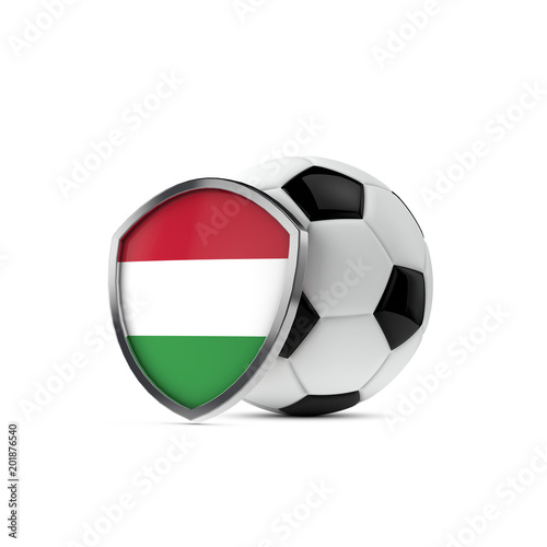 Hungary national flag shield with a soccer ball. 3D Rendering