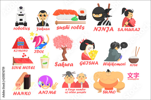 Symbols of traditional and modern culture of Japan set, robotics, yakuza, ninja, sushi roll, samurai, kimono, geisha, sakura, hikikomor vector Illustrations