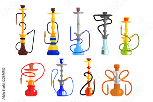Hookah set, hookah with pipe for smoking tobacco and shisha vector Illustrations on a white background