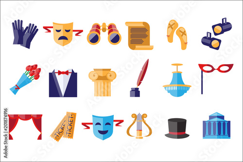 Theatre icons set, theatrical acting performance elements vector Illustrations on a white background