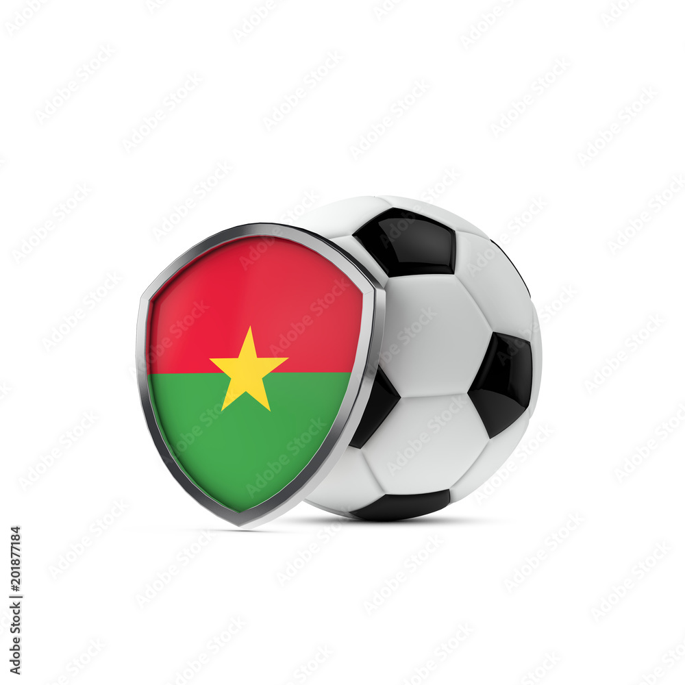 Burkina Faso national flag shield with a soccer ball. 3D Rendering