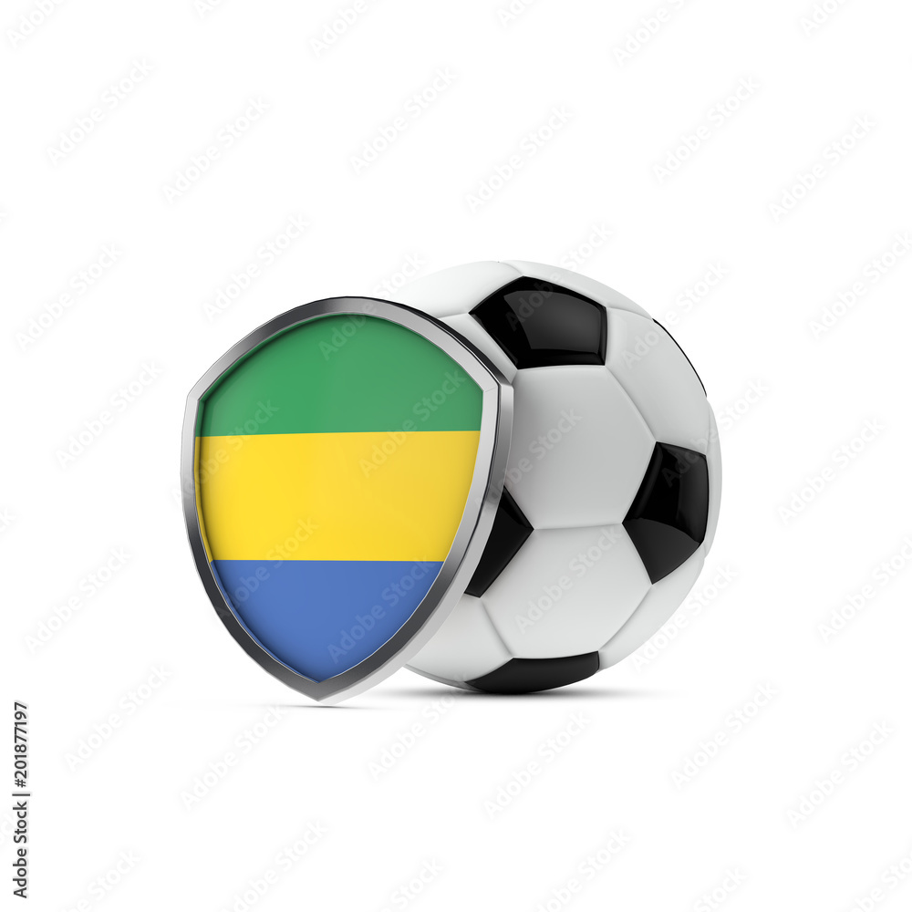 Gabon national flag shield with a soccer ball. 3D Rendering