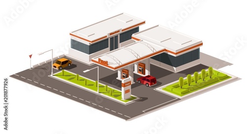 Vector non isometric illustration representing low poly gas station. Petroleum filling station. Fuel. Gas station.
