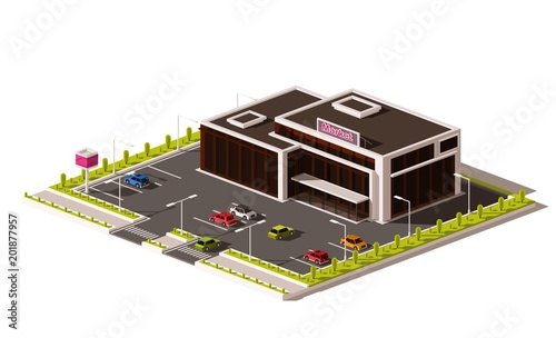 Vector non isometric low poly supermarket. Grocery store building