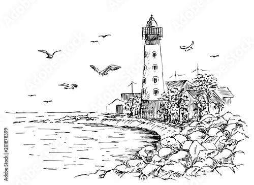 Landscape Lighthouse. Sea and seagulls sketch. Hand painted lighthouse and the sea. Rocky shore graphics. Vector illustration.