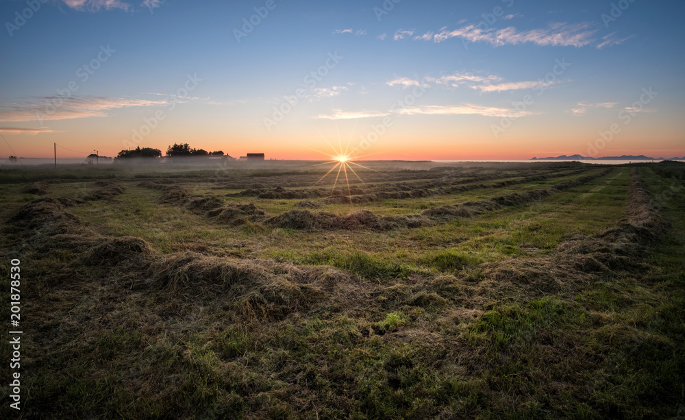 Scenic sunset landscape with farm and meadow at bright summer night in Lofoten Islands, Norway Scenic sunset landscape with farm and meadow at bright summer night in Lofoten Islands, Norway