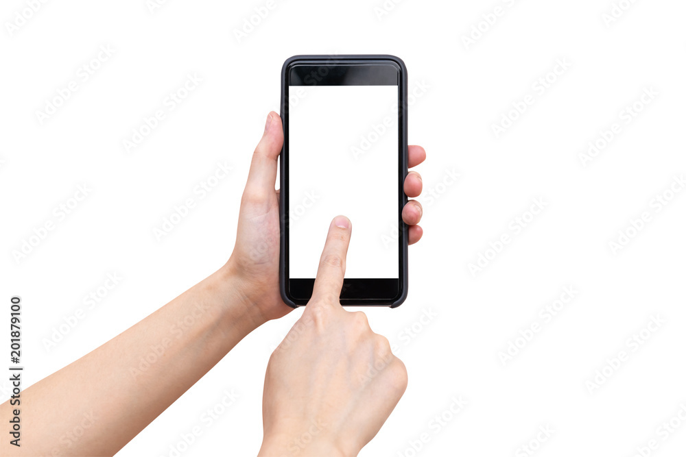 Close up hand woman holding and using phone on isolated with clipping path. Close up hand woman holding and using phone on isolated with clipping path.