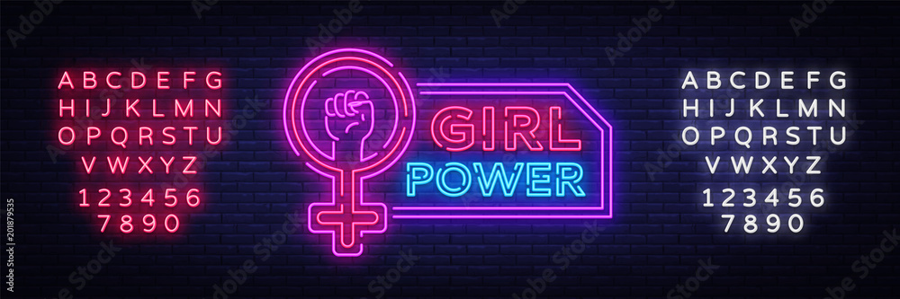 Girls Power neon sign. Fashionable slogan feminist slogan, neon style banner light, night bright sign. Vector illustration. Editing text neon sign - obrazy, fototapety, plakaty 