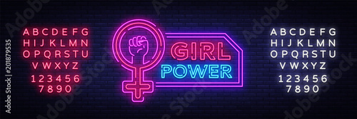 Girls Power neon sign. Fashionable slogan feminist slogan, neon style banner light, night bright sign. Vector illustration. Editing text neon sign