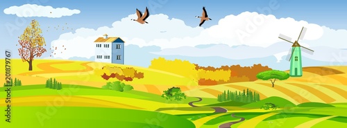 Flat countryside view, green hills and mountains, aumn season, houses and wimdmills, vector landscape