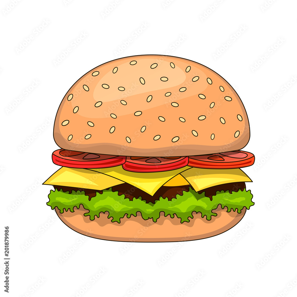 Cartoon tasty big hamburger with cheese and sesame seeds.