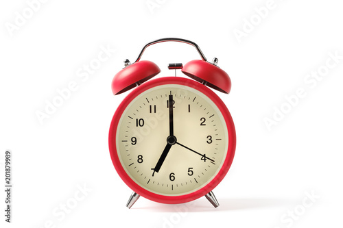 Red vintage alarm clock on white background with clipping path