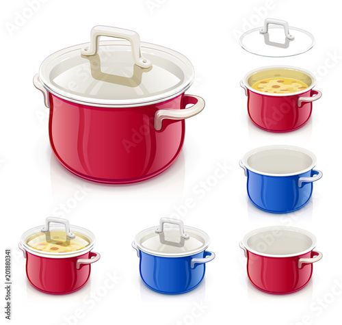 Red and blue saucepan with lid. Kitchen tableware. Prepare food.