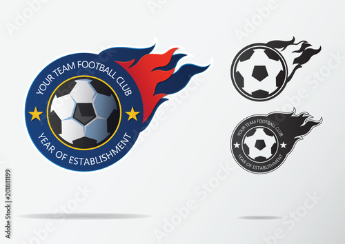 Soccer logo or Football Badge template design for football team. Sport emblem of black and white soccer ball on navy blue shield with fire ball. Football club logo in black and white icon. Vector.