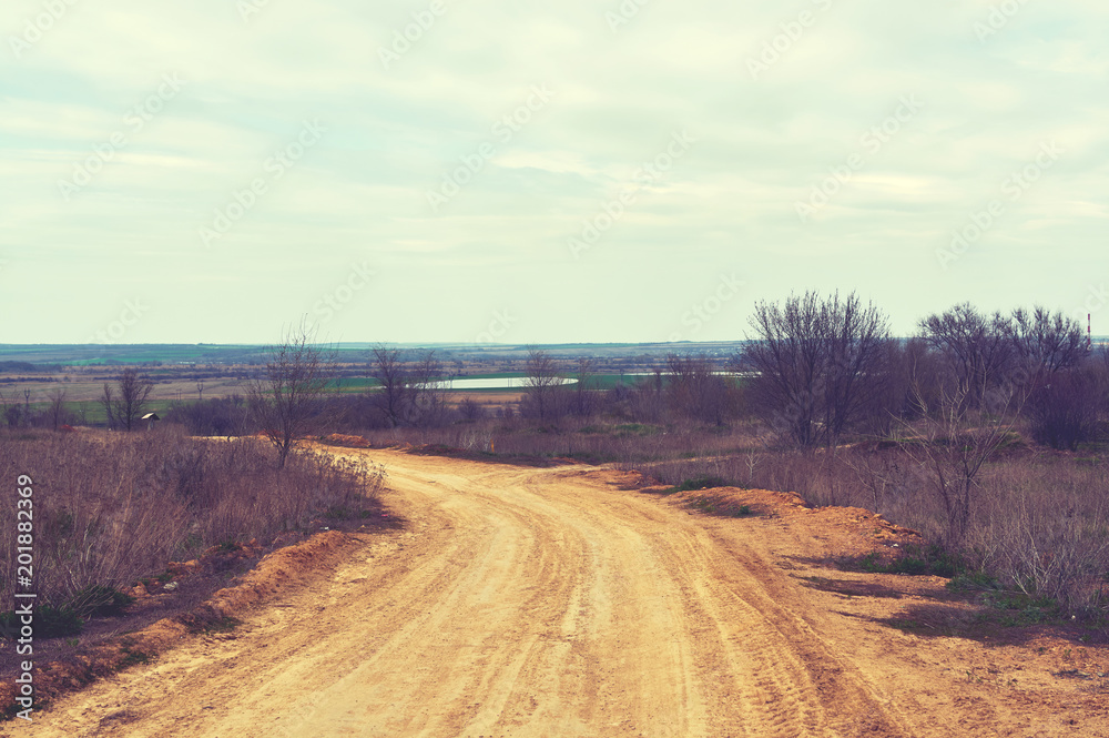 A dirt road among the fields that goes beyond the horizon A dirt road among the fields that goes beyond the horizon