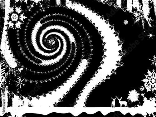 Decorative winter fractal spiral in a black and white colors in a graphic style
