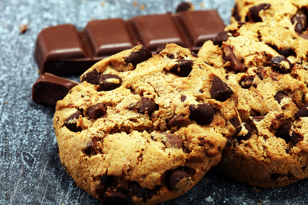 Chocolate cookies on rustic table. Chocolate chip cookies Chocolate cookies on rustic table. Chocolate chip cookies