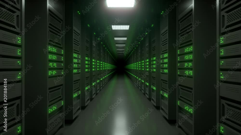 Loop-ready tracking shot of an endless data center server room with blinking green LED lights.