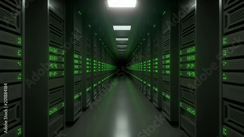 Loop-ready tracking shot of an endless data center server room with blinking green LED lights.