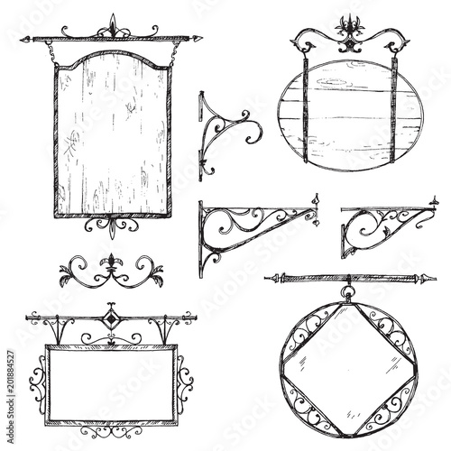 Vector hand drawn collection of vintage signboards, bracket and 