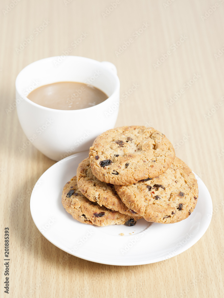 homemade chocolate chip cookies and coffee on the table