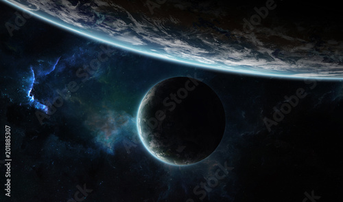 Distant planet system in space with exoplanets 3D rendering elements of this image furnished by NASA