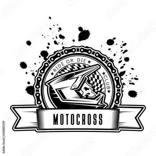 Skull in helmet with chain and dirt. Place for your text. Motocross, MTB, Dowhill, Quad Bike. Vector Logo. 