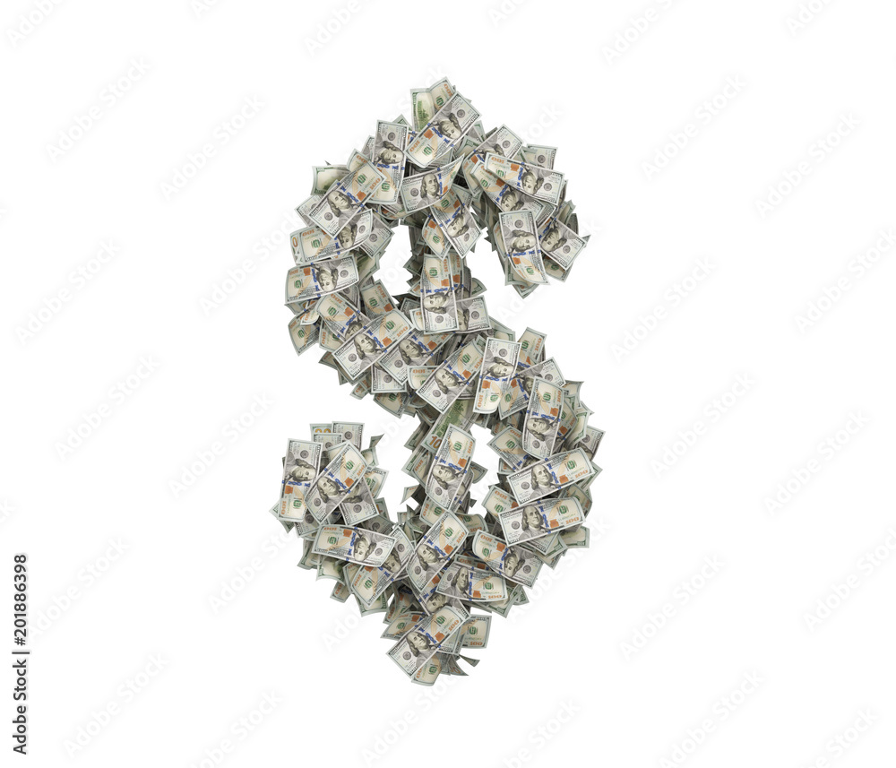 3d rendering of an isolated USD sign made of countless 100 dollar bills on a white background.