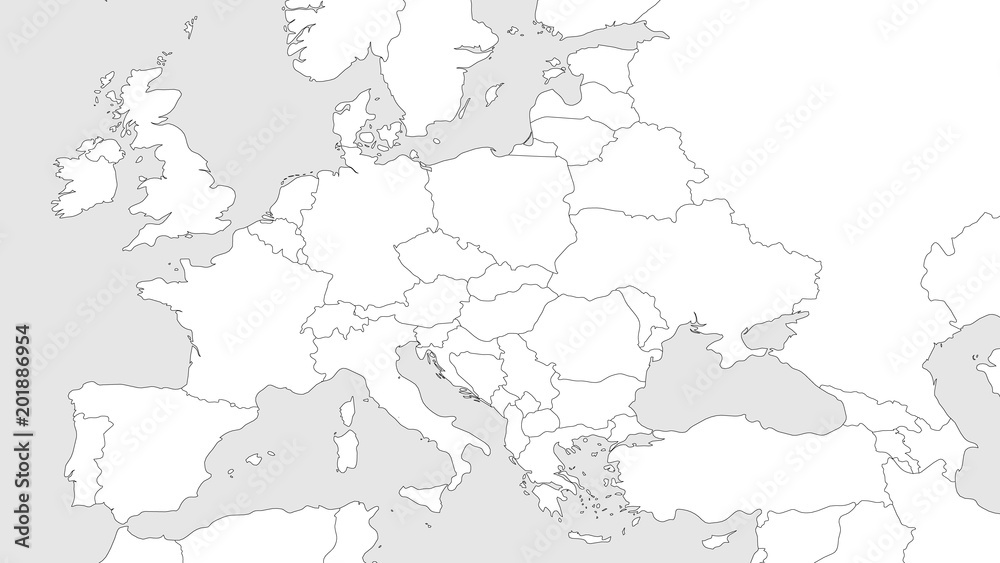 Blank outline map of Europe with Caucasian region. Simplified wireframe map of black lined borders. Vector illustration.