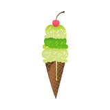 Ice cream tasty green dessert in waffle cone, sweet food with berry icon. Travelling, beach vacation symbol Summer holiday poster, banner design element. Isolated vector cartoon illustration