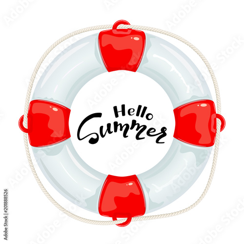 Red lifebuoy and lettering Hello Summer on white background