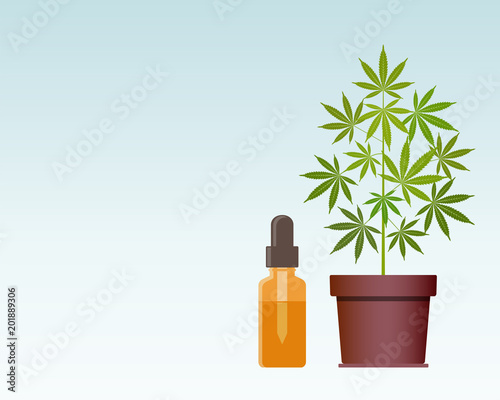 Marijuana plant and dropper with CBD oil. Cannabis Oil. Medical marijuana. CBD oil hemp products. Oil glass bottle mock up. Cannabis extract. Vector illustration with copy space.