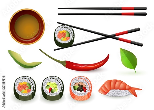 Sushi japanese seafood set with fresh rolls and ebi nigiri, soy sauce in bowl and chopsticks, ripe avocado and chili pepper isolated on white background. Realistic vector illustration.