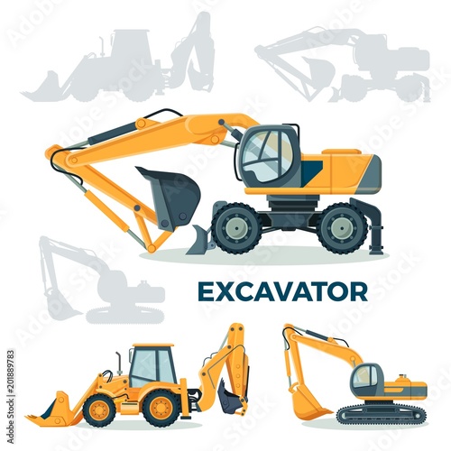 Modern powerful excavator for building and construction set