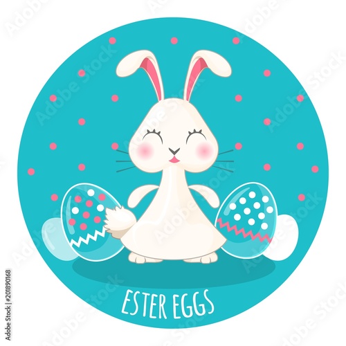 Easter painted eggs and adorable chubby white bunny