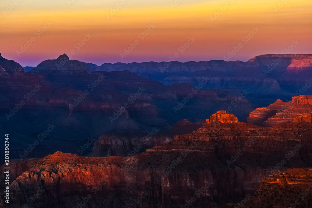 Beautiful Grand Canyon landscape overlook from the Hopi Point with contrast and vibrant and flaming colors, Arizona.