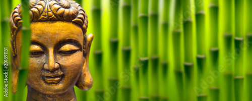 goldener buddha kopf im bambus garten