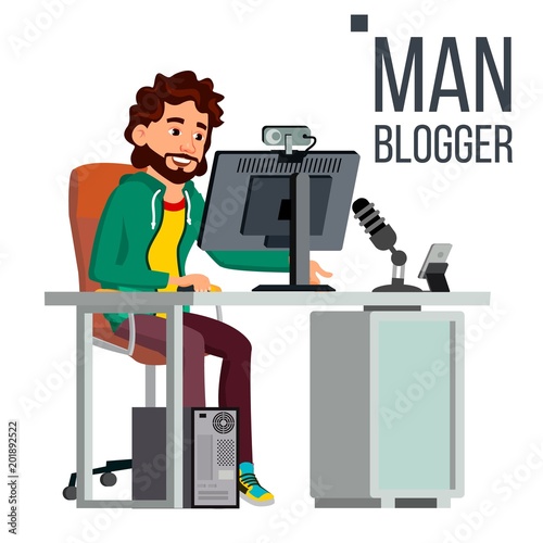 Man Blogger Vector. Video Concept. Professional Gamer. Personal Weblog Channel. Blogosphere Online. Popular Videobloggers. Flat Vector Illustration