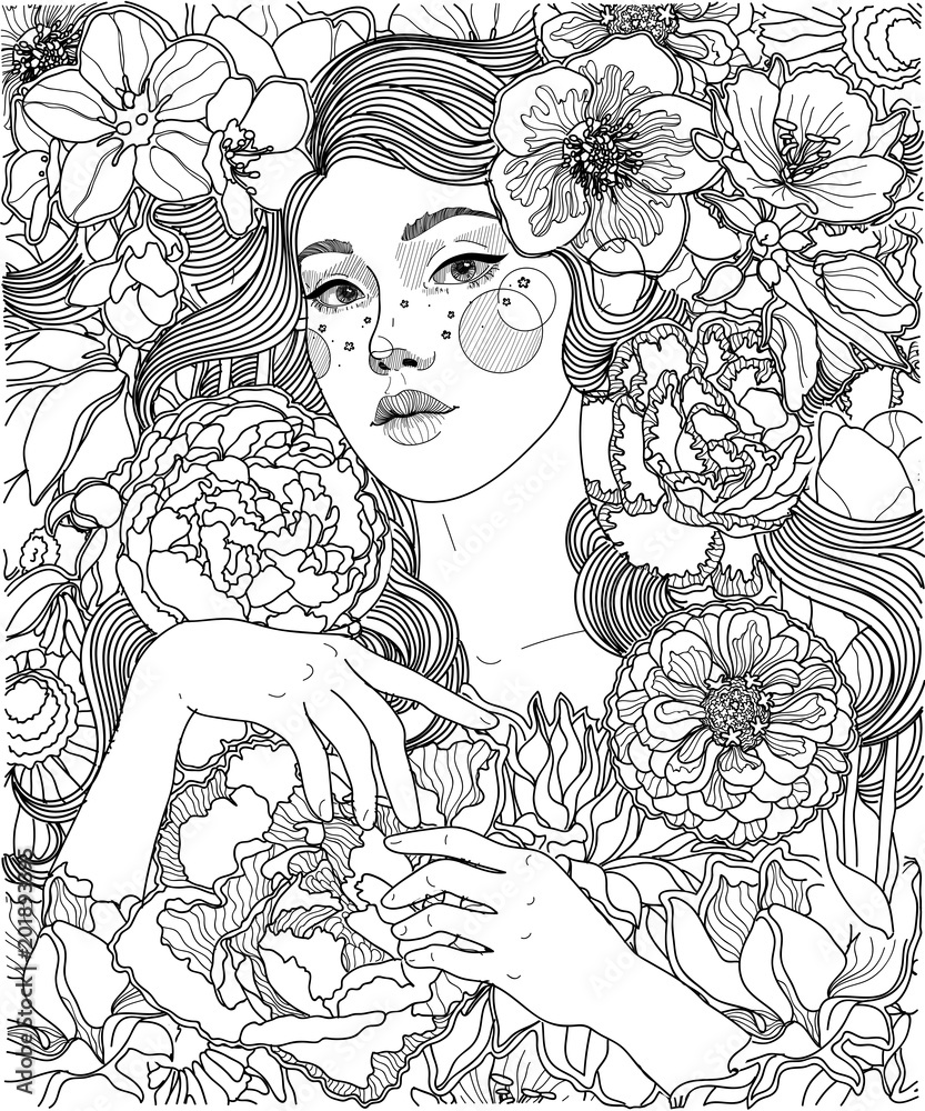 vector black and white coloring illustration, girl among flowers ...