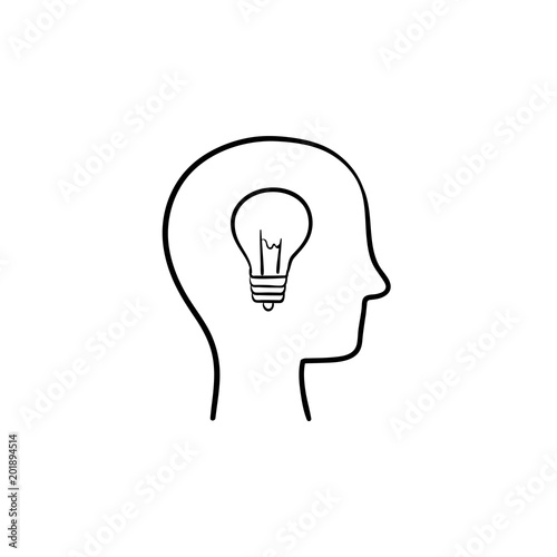 Idea hand drawn outline doodle icon. Lightbulb in the head of the man showing the concept of idea sketch illustration for print, web, mobile and infographics isolated on white background.