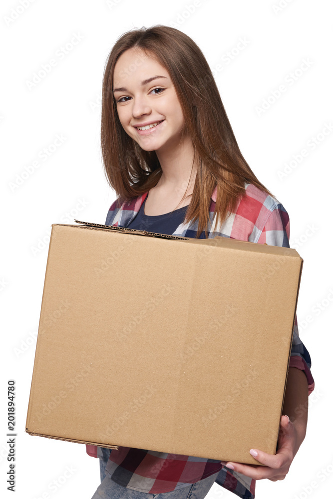 Delivery, relocation and unpacking. Smiling young woman holding cardboard box isolated on white background Delivery, relocation and unpacking. Smiling young woman holding cardboard box isolated on white background