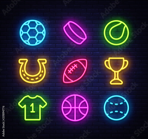 Sport collection icons neon style. Sport set of neon signs. Isolated icons on sports, football, basketball, tennis, baseball. Vector illustration