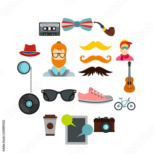 Hipster icons set in flat style. Hipster elements set collection vector illustration
