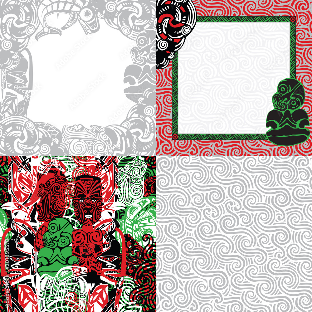 Fototapeta premium Two seamless patterns and two square frames decorated in Polynesian style.