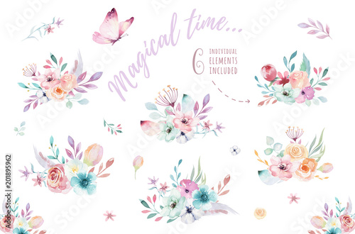 Set of watercolor boho floral bouquets. Watercolour bohemian natural frame  leaves  feathers  flowers  Isolated on white background. Artistic decoration illustration.